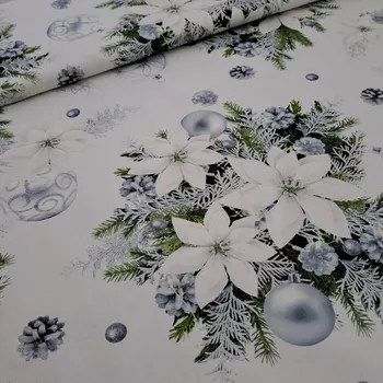 Pro útulný domov bavlněná látka vánoční HVĚZDY A OZDOBY BÍLOŠEDÉ