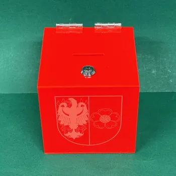 Příruční pokladna Kasička, pokladnička 150x150x150mm + gravír, plexi čevené, zámek