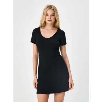 Dámské šaty Sinsay - Žebrované mini šaty s růží u výstřihu - černá - 589FI-99X - 589FI-99X-XS