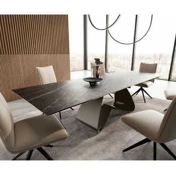 Jídelní stůl DELIFE Jídelní stůl Edge 200-300x100 keramika Laminam®Noir Desir hnědý W-podnož titanová efektová úprava rozkládací