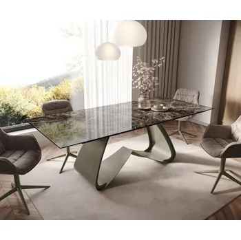 Jídelní stůl DELIFE Jídelní stůl Edge 180-220x100 keramika Laminam® Emperador Extra Lucidato tmavě hnědá W-podnož titanová barva rozkládací