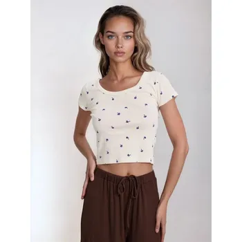 Sinsay - Bavlněné tričko s květinovým vzorem - krémová - 583DO-01X - 583DO-01X-M