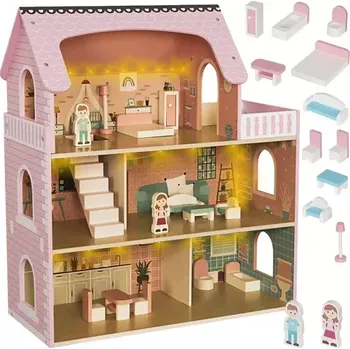 Hračka Dřevěný domeček pro panenky s LED osvětlením + nábytek a doplňky
