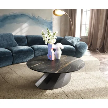 Konferenční stolek DELIFE Konferenční stolek Edge kulatý 90x90 cm keramika Laminam® Noir Desir hnědá Parabi metalická stříbrná