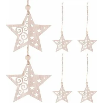 Vánoční ozdoba SPRINGOS Vánoční dřevěné ozdoby - Hvězdy, sada 6ks