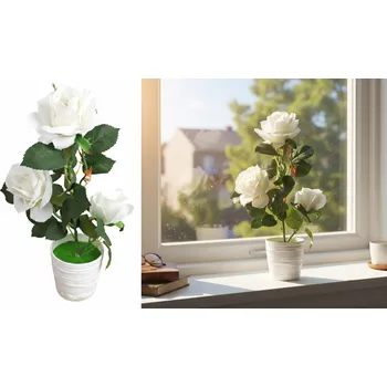 umělá květina Květina RŮŽE v plastovém květináči, výška 38 cm (3 květy 12 cm) BÍLÁ