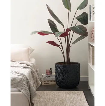 Květináč Květináč černý vláknitý jíl vnitřní i venkovní kulatý 43 x 43 x 42 cm dekorativní doplněk moderní design obývací pokoj zahrada Beliani