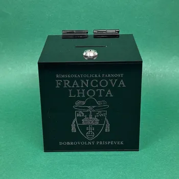 Příruční pokladna Kasička, pokladnička 150x150x150mm + gravír, plexi černé, zámek