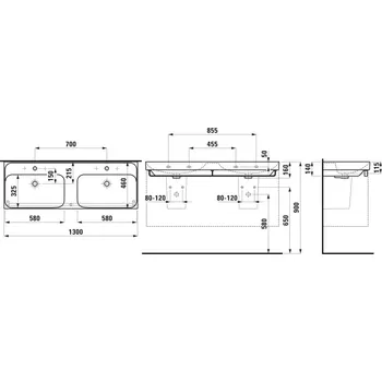 Umyvadlo LAUFEN MEDA - dvojumyvadlo (H814112) Barva: Bílá, Provedení: s 3 otvory pro baterii