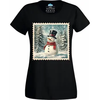 Dámské tričko Dámské tričko Vánoční známka Sněhulák v Lese (Velikost: 3XL, Barva: Černá)
