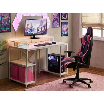 Psací stůl Herní stůl bílý s LED 3 police MDF kovové nohy a rám práškově lakované železo úložný prostor moderní Beliani