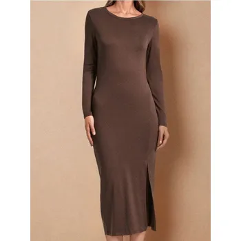 Dámské šaty Sinsay - Midi šaty s dlouhým rukávem a rozparkem - hnědá - 918EY-88X - 918EY-88X-M