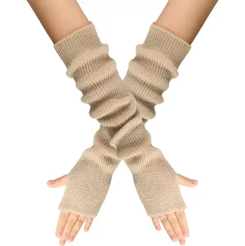 Rukavice Dlouhé rukavice bez prstů pletené 55cm Béžové