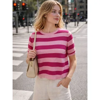 Dámská móda Sinsay - Viskózový pruhovaný svetr - růžová - 764IV-30P - 764IV-30P-L