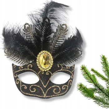 Vánoční dekorace DEKORATIVNÍ ZÁVĚS MASKA BENÁTSKÁ ČERNÁ ZLATÁ VÁNOČNÍ KOULE NA VÁNOČNÍ STROMEK PEŘÍ