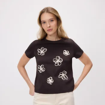 Reserved - Tričko s květovanou aplikací - tmavě hnědá - 263HT-89X - 263HT-89X-L