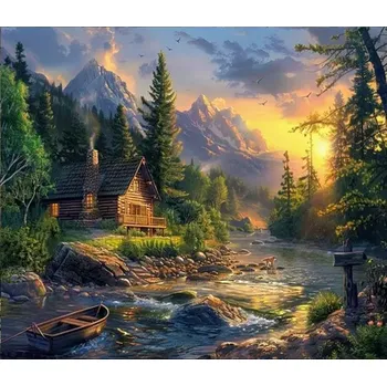 Obraz Diamantová Mozaika Dřevěný Dům v Horách u Řeky 30x40 cm Kreativní