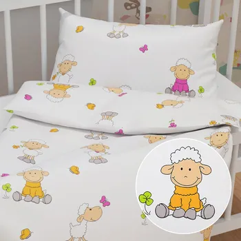 Povlečení Dětské bavlněné povlečení do postýlky Sandra SA-728 Veselé ovečky na bílém Do postýlky 90x130 a 40x60 cm