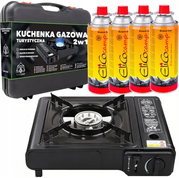 Turistický vařič Sada Kempingový plynový vařič 1-hořákový 2v1 v kufříku + 4 kartuše
