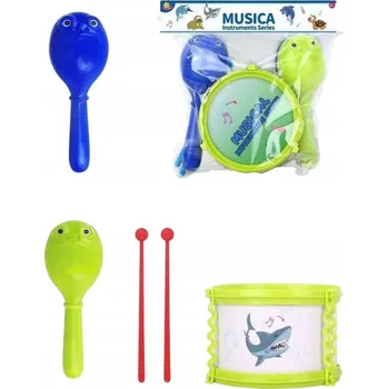 Hudební nástroj pro děti HUDBNÍ SADA PRO DĚTI - BUBNÍK + MARACAS + PALIČKY - INSTRUMENTY