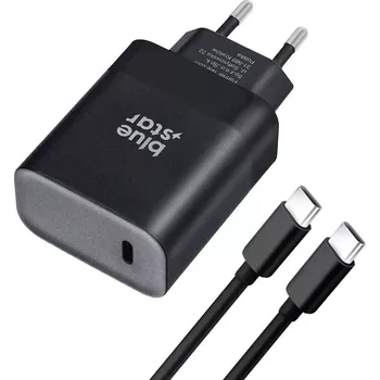 Nabíječka Blue Star USB-C 45W PD QC4.0 + kabel (Síťová nabíječka 45W, Blue Star TFB-TC-45W PD, USB-C, Power Delivery 3.0, Quick Charge 4.0, 3A, kabel USB-C na USB-C, černá)