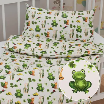 Povlečení Dětské bavlněné povlečení do postýlky Sandra SA-609 Žabky a šneci na bílém Do postýlky 90x130 a 40x60 cm