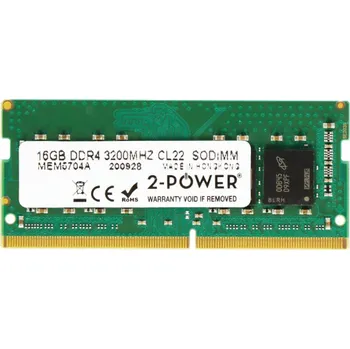 Operační paměť 2-Power 16GB DDR4 3200MHz CL22 SODIMM Paměťový modul 2-Power 16GB DDR4 SODIMM s frekvencí 3200 MHz je určen pro notebooky a kompaktní zařízení podporující DDR4. Nabízí stabilní výkon, dvouřadé proved