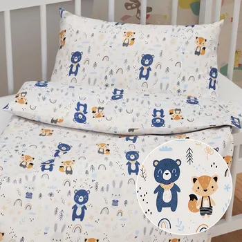 Povlečení Dětské bavlněné povlečení do postýlky Sandra SA-595 Modro-béžová lesní zvířátka na bílém Do postýlky 90x140 a 40x60 cm