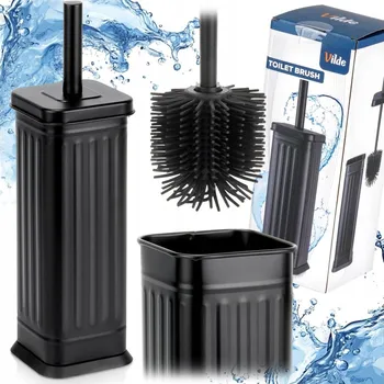 WC štětka SILIKONOVÝ kartáč na WC toaletu s nádobkou, stojanem a odkapávačem, černý, do koupelny