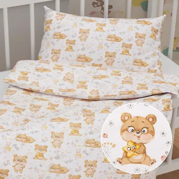 Povlečení Dětské bavlněné povlečení do postýlky Sandra SA-524 Roztomilí medvídci na bílém Do postýlky 90x130 a 40x60 cm