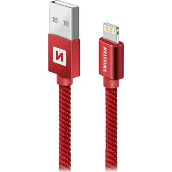 Datový kabel Swissten 71523306 USB 2.0 typ A na Lightning, USB 2.0, zástrčka A - zástrčka Lightning, opletený, 2m, červený