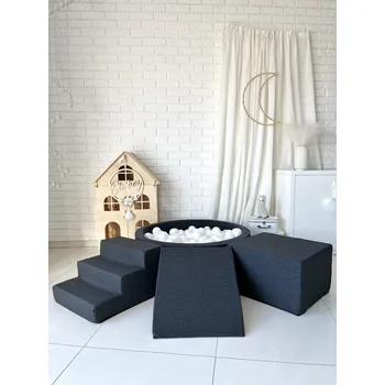 Dětské hřiště 3dílná pěnová hrací sada se suchým bazénkem a 200 míčky – Bavlna (6 barev) Grafitová