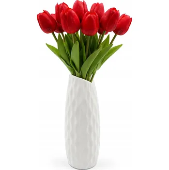 Váza KERAMICKÁ VÁZA BÍLÁ 35 CM + 10 KS ČERVENÝCH TULIPÁNŮ UMĚLÉ KVĚTY