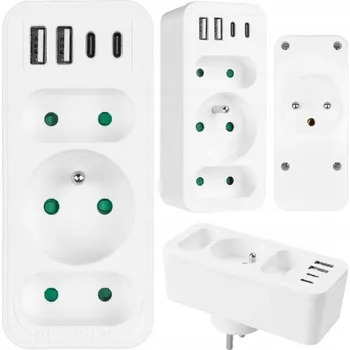 Elektrická zásuvka Rozbočka Síťová zásuvka 1 kulatá 2 plochá USB C nabíječka 3.1A bílá