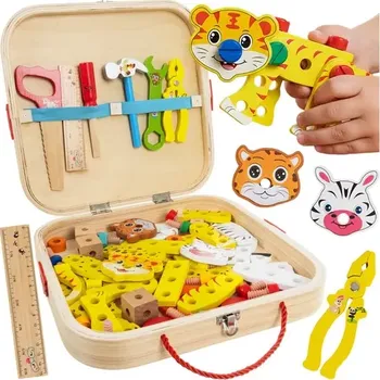 Dřevěná hračka Dřevěná bedna s nářadím a zvířátky - šroubovací prvky