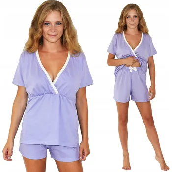 Dámské oblečení Bavlněné dámské pyžamo s kopertovým střihem pro kojení, volný střih, krátké kalhoty XL