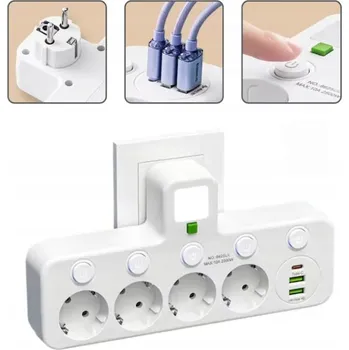 Elektrická zásuvka Prodlužovací přívod 4 zásuvky se 2 USB porty a 1x Type-C, 7 v 1
