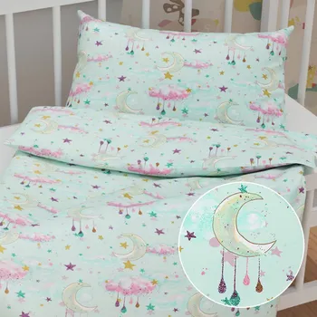 Povlečení Dětské bavlněné povlečení do postýlky Sandra SA-522 Měsíční obloha na mintovém Do postýlky 100x135 a 40x60 cm