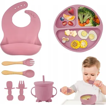 SADA JÍDELNÍHO NÁDOBÍ, SILIKONOVÉ PŘÍBORY PRO DĚTI, 8 KS, RŮŽOVÁ