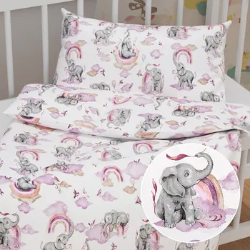 Povlečení Dětské bavlněné povlečení do postýlky Sandra SA-464 Sloni s fialovou duhou na bílém Do postýlky 100x135 a 40x60 cm