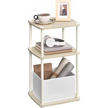 Noční stolek Béžovo-bílá noční stolek s držákem na noviny, odkládací stolek se 3 policemi