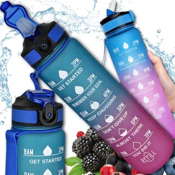 Láhev Motivační láhev lahev na pití s držadlem TRESSARI 1l se slámkou na vodu, BPA FREE