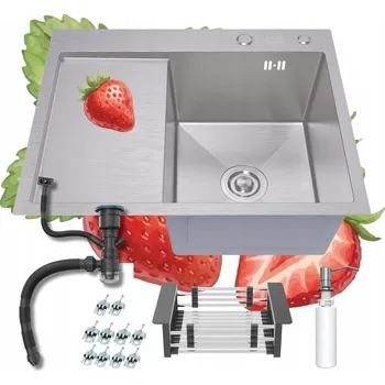 Nerezový dřez JEDNOKOMOROVÝ DŘEZ STŘÍBRNÝ DŘEZ DO KUCHYNĚ OCEL NANO SILVER 63x50x22cm