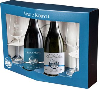 Víno z Kobylí Bílé duo se sklenkami Sauvignon pozdní sběr 2023, suché Ryzlink vlašský pozdní sběr 2023, polosuché 2 skleničky na víno 350 ml Dárková krabička