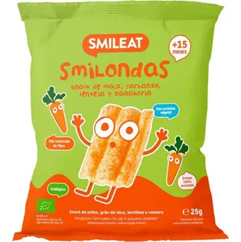Slaná pochutina SMILEAT Bio kukuřičné křupky hrášek, čočka, mrkev s olivovým olejem a vitamínem B1 25 g