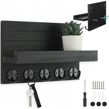 Věšák DŘEVĚNÝ VĚŠÁK NA ZEĎ NA OBLEČENÍ KLÍČE DO PŘEDSÍNĚ POLICE ČERNÝ