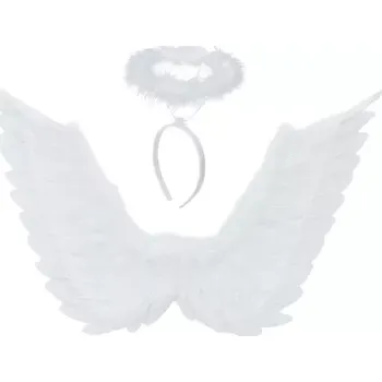 Karnevalový doplněk Bílá andělská křídla 2 kusy – 70 x 45 cm + svatozář