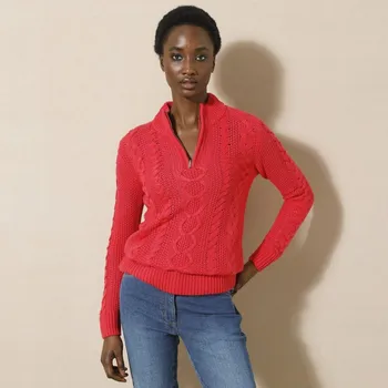 Dámský svetr Pulovr se stojáčkem na zip a s copánkovým vzorem červená 54