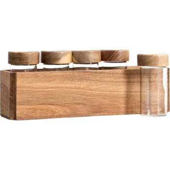 Dóza na potraviny Sada dóz na koření MOOKA v akáciovém organizéru, 6 ks. HOMLA