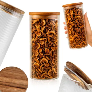 Dóza na potraviny SKLENĚNÁ NÁDOBA 720 ml s DŘEVĚNÝM VÍKEM ORGANIZÉR na POTRAVINY KÁVU MOUKU